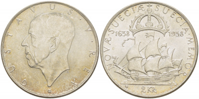 Швеция 2 кроны 1938 G, Густав V (1907-1950), 300 лет шведским поселениям в Делавере KM 807 серебро 1515-1032