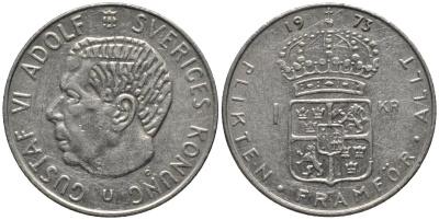 Швеция 1 крона 1973 Густав VI Адольф (1950-1973) KM 826а медь плакированная медно-никелем 4577-815