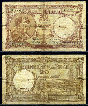 Бельгия 20 франков 1941 31.07.1941, Король Альберт I и его жена Королева Елизавета, Гран-Плас / Гроте Маркт, Брюссель Pick 111 (2) бумага 6301-28-2-2