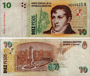 АРГЕНТИНА 10 ПЕСО 2001 СЕРИЯ В 5870, МАНУЭЛЬ БЕЛЬГРАНО Pick 348 бумага 6293-32-2-2
