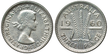 Австралия 3 пенса 1960 m, Елизавета II (1952-2022) KM 57 серебро 71-634