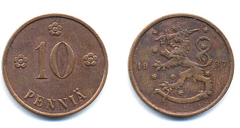 Финляндия 10 пенни 1937 KM 24 медь 51-5636