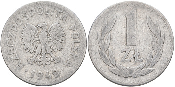 ПОЛЬША 1 ЗЛОТЫЙ 1949 KM 45а алюминий 106-524