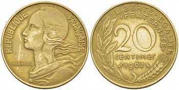 ФРАНЦИЯ 20 САНТИМОВ 1967 KM 930 медь алюминий никель 3856-1113