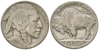 США 5 центов 1936 индеец, бизон KM 134 медно-никель 4614-1246