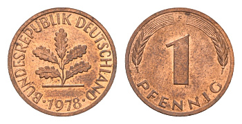 ФРГ 1 пфенниг 1978 F KM 105, J. 380 сталь плакированная медью UNC 4669-1239