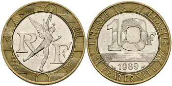 Франция 10 франков 1989 тип гений Бастилии KM 964.1, Le Franc 375.3 биметалл 4135-1112