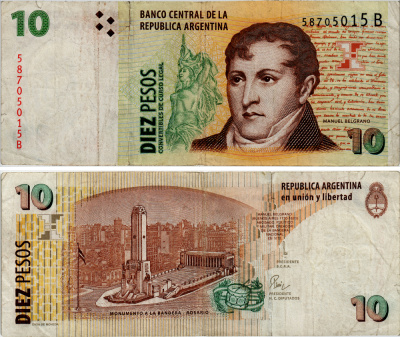 АРГЕНТИНА 10 ПЕСО 2001 СЕРИЯ В 5870, МАНУЭЛЬ БЕЛЬГРАНО Pick 348 бумага 6293-32-2-2