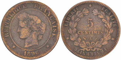 ФРАНЦИЯ 5 САНТИМОВ 1896 A, ТРЕТЬЯ РЕСПУБЛИКА (1871-1940) KM 821.1, LE FRANC 118.38 бронза 108-745