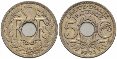 ФРАНЦИЯ 5 САНТИМОВ 1925 ТИП ЛИНДАЙЁ KM 875, LE FRANC 122.10 медно-никель 4379-342