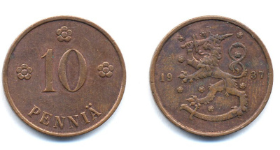 Финляндия 10 пенни 1937 KM 24 медь 51-5636