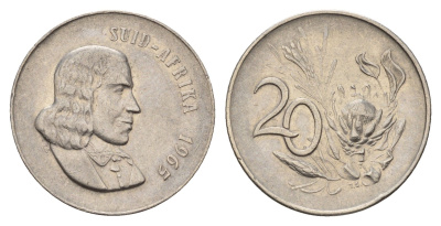 ЮАР 20 центов 1965 Ян ван Рибек (1619-1677), Suid Africa, легенда на африкаанс, цветок протея KM 69.2 медно-никель 4114-554