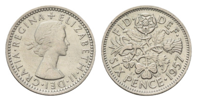 Великобритания 6 пенсов 1957 Елизавета II (1952-2022) KM 903, Spink 4149 медно-никель 4651-1155