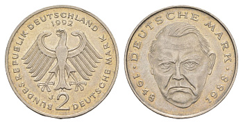 ФРГ 2 марки 1992 J, Людвиг Эрхард, 40 лет Федеративной Республике (1948-1988) KM 170 медно-никель 4628-1117