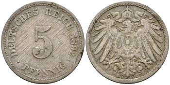 Германия 5 пфеннигов 1892 D KM 11, J. 12 медно-никель 4151-367