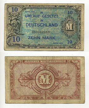ГЕРМАНИЯ 10 МАРОК 1944 ОККУПАЦИЯ СОЮЗНИКАМИ ВО ВТОРОЙ МИРОВОЙ ВОЙНЕ 10 МАРОК 1944 М, 9 ЦИФР В СЕРИИ Pick 194a бумага 00-00