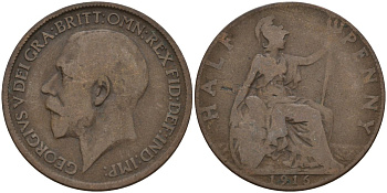 Великобритания 1/2 пенни 1916 Георг V (1910-1936) KM 809, Spink 4056 бронза 4146-134