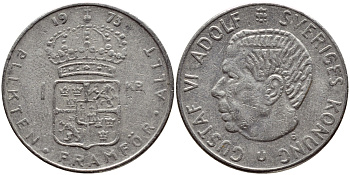 Швеция 1 крона 1973 Густав VI Адольф (1950-1973) KM 826а медь плакированная медно-никелем 4395-1236