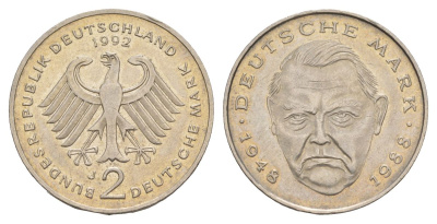 ФРГ 2 марки 1992 J, Людвиг Эрхард, 40 лет Федеративной Республике (1948-1988) KM 170 медно-никель 4628-1117