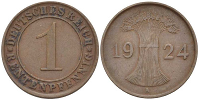 Германия 1 рентенпфенниг 1924 A KM 30, J. 306, Weege 1 бронза 211-111