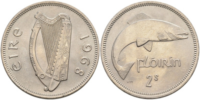 Ирландия 1 флорин 1968 лосось KM 15a медно-никель UNC 4583-422
