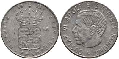 Швеция 1 крона 1973 Густав VI Адольф (1950-1973) KM 826а медь плакированная медно-никелем 4395-1236