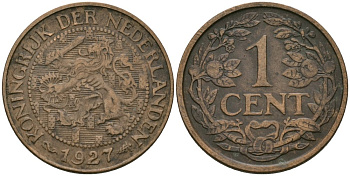 Нидерланды 1 цент 1927 Вильгельмина (1890-1948) KM 152 бронза 4576-1111
