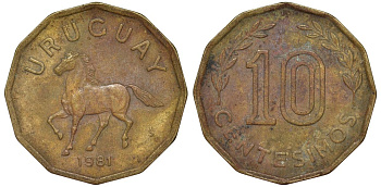Уругвай 10 сентесимо 1981 KM 66 алюминиевая бронза 4169-467