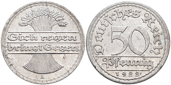 Германия 50 пфеннигов 1922 А KM 27 J.301 алюминий  UNC  4589-231