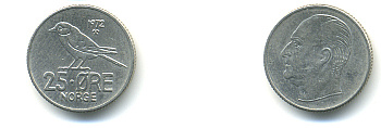 Норвегия 25 эре 1972 Улаф V (1958-1991), синица KM 407 медно-никель 86-736