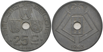 БЕЛЬГИЯ 25 САНТИМОВ 1943 BELGIQUE - BELGIE, ГЕРМАНСКАЯ ОККУПАЦИЯ, ВТОРАЯ МИРОВАЯ ВОЙНА KM 131 цинк 4563-1024