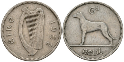 Ирландия 6 пенсов 1952 ирландский волкодав KM 13a медно-никель 4189-718