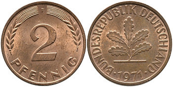 ФРГ 2 пфеннига 1971 F KM 106а, J. 381а сталь плакированная медью 99-1269