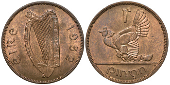 ИРЛАНДИЯ 1 ПЕННИ 1952 КУРИЦА С ЦЫПЛЯТАМИ KM 11 бронза UNC 4389-822