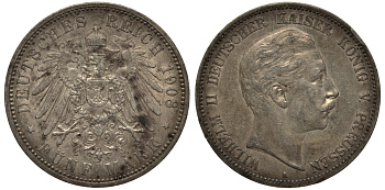 Пруссия 5 марок 1908 Вильгельм II (1888-1918) KM 523, J.104 серебро    3711-214