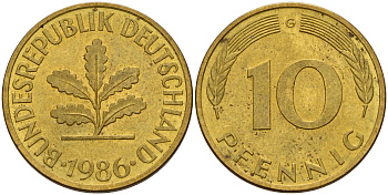 ФРГ 10 пфеннигов 1986 G J. 383, KM 108 сталь плакированная латунью    4603-542