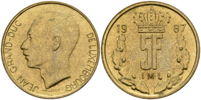 Люксембург 5 франков 1987 Великий герцог Жан (1964-1999) KM 60.1 латунь 4135-1052
