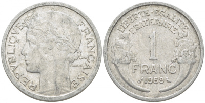 ФРАНЦИЯ 1 ФРАНК 1959 ТИП MORLON, LEGERE KM 885a.1, LE FRANC 221.23 алюминий 4402-926
