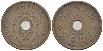 ДАНИЯ 2 ЭРЕ 1927 HCN; GJ, КРИСТИАН X (1912-1947) KM 827.1 бронза 31-341