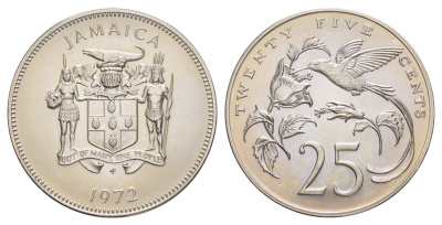 Ямайка 25 центов 1972 FM, тираж 8.382 экземпляра KM 56 медно-никель BU 4634-222