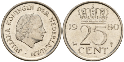 Нидерланды 25 центов 1980 Юлиана (1949-1980) KM 183 никель    4598-534
