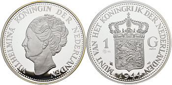 Нидерланды медаль ND серия старинные монеты, 1 гульден 1944, вес 31,2 грамма  серебро  PROOF 00-00