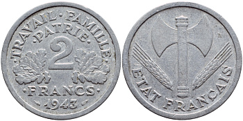 Франция 2 франка 1943 правительство Виши KM 904.1 алюминий 4397-721