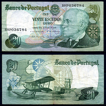 Португалия 20 эскудо 1978 4 октября 1978, Гагу Коутинью, signatures: Em?lio Rui da Veiga Peixoto Vilar & V?tor Manuel Ribeiro Const?ncio Pick 176b(2) бумага 7204-22-1-2