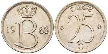 Бельгия 25 сантимов 1968 Belgie, Бодуэн I (1951-1993) KM 154.1 медно-никель 214-146