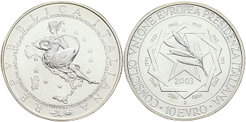 ИТАЛИЯ 10 ЕВРО 2003 ПРЕЗИДЕНТСТВО В ЕС серебро UNC 7-5-4-04
