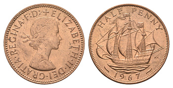 Великобритания 1/2 пенни 1967 Елизавета II (1952-2022) KM 896, Spink 4158 бронза  UNC  4660-651