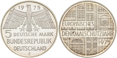 ФРГ 5 марок 1975 F, Европейский год охраны памятников J. 417, KM 142.1 серебро PROOF 02-119-13