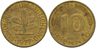 ФРГ 10 пфеннигов 1977 D J. 383, KM 108 сталь плакированная латунью    4603-432