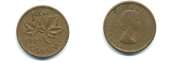 Канада 1 цент 1964 Елизавета II (1952-2022), кленовый лист KM 49 бронза 177-1326